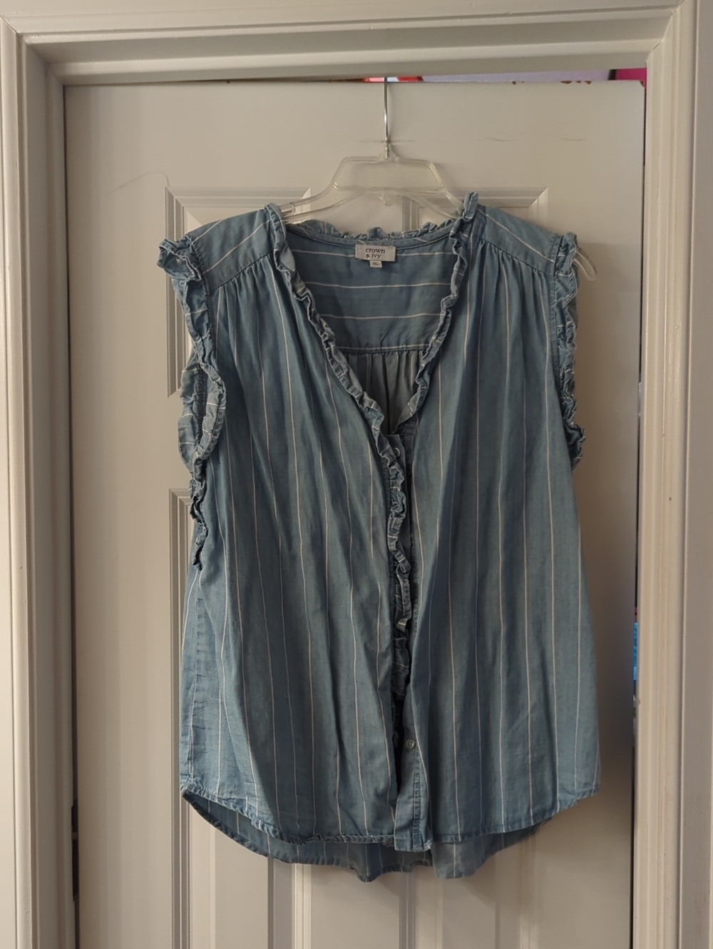 Blue Striped Lightweight Denim Sleeveless Ruffle-Trim Button Front Top